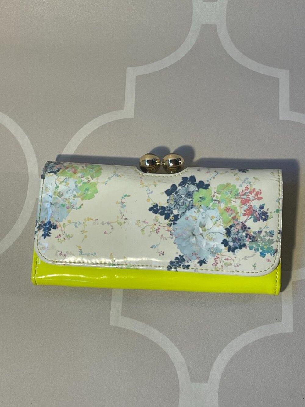 Ted Baker London Yellow Floral Patent Leather Kiss Lock Bifold Wallet